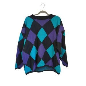 Vintage 90’s Michael Carrie Acrylic Black Purple Diamond Pullover Sweater
